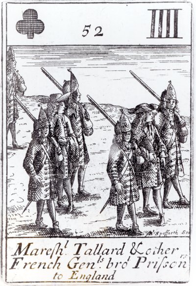 El mariscal Tallard y otros generales franceses llevados prisioneros a Inglaterra, cuatro de tréboles de un juego de cartas conmemorativo de la Guerra de Sucesión Española (1702-13) de Robert Spofforth